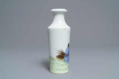 A Chinese famille rose rouleau vase with fishermen, Qianlong mark, Republic, 20th C.