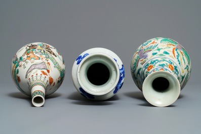 Three Chinese blue and white, doucai and famille verte vases, 19/20th C.