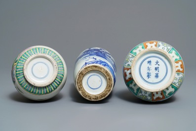 Three Chinese blue and white, doucai and famille verte vases, 19/20th C.