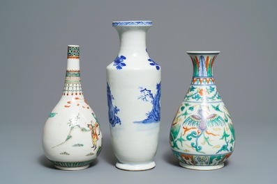 Three Chinese blue and white, doucai and famille verte vases, 19/20th C.