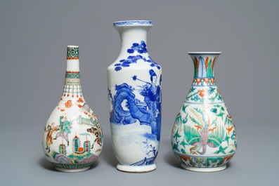 Three Chinese blue and white, doucai and famille verte vases, 19/20th C.