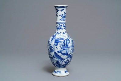 A Chinese blue and white bottle vase with horseriders and landscapes, Kangxi