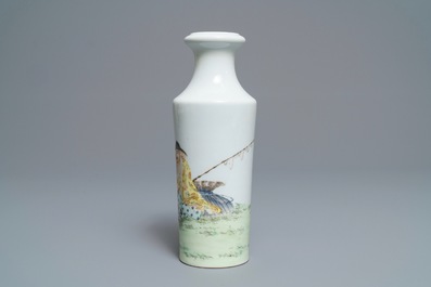 A Chinese famille rose rouleau vase with fishermen, Qianlong mark, Republic, 20th C.