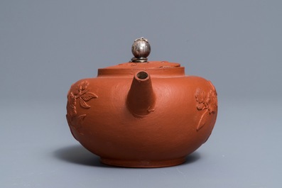 A Dutch Delft silver-mounted yixing style red earthenware teapot and cover, 1st quarter 18th C.