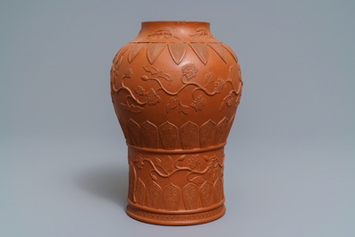 A Chinese Yixing stoneware baluster vase with applied design, Kangxi