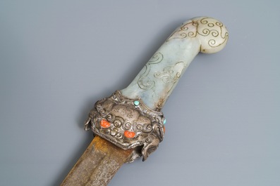 A Tibetan inlaid silver sword with jade hilt, a covered bowl and a flask, 19th C.