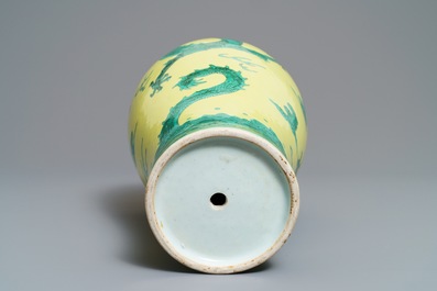 A Chinese yellow and green enamelled meiping 'dragon' vase, 19/20th C.