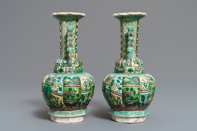 A pair of Chinese verte biscuit vases, Kangxi