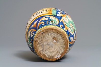 An Italian maiolica wet drug jar, prob. Montelupo, 17th C.
