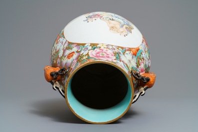 A Chinese famille rose 'millefleurs' hu vase, Qianlong mark, 20th C.