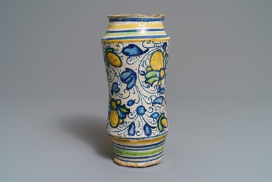 A polychrome 'a foglie' maiolica albarello, Lyon or Montpellier, France, 16th C.