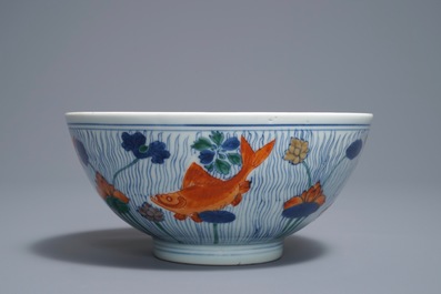 A Chinese doucai bowl with fish in a lotus pond, Xuande mark, Kangxi