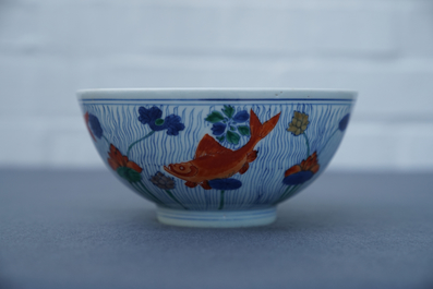 Un bol en porcelaine de Chine doucai &agrave; d&eacute;cor de poissons, marque de Xuande, Kangxi