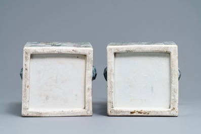 A pair of square Chinese famille rose vases with warriors and court scenes, 19th C.