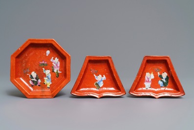 A Chinese famille rose coral red-ground sweetmeat set, Qianlong mark, 19/20th C.