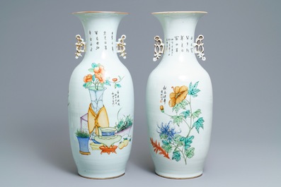 Two Chinese famille rose two-sided design vases, 19/20th C.