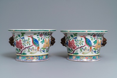 A pair of famille rose-style jardini&egrave;res with birds among flowers, Samson, Paris, 19th C.