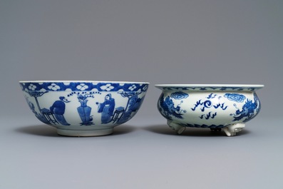 A Chinese blue and white bowl and a 'dragon' incense burner, 19th C.