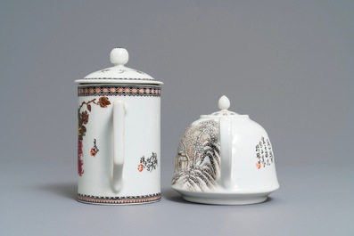 Een Chinese polychrome theepot met winterlandschap en een florale dekselkroes, 20e eeuw