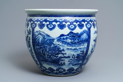 A Chinese blue and white fish bowl with landscape panels, 19th C.