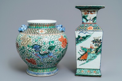 A square Chinese famille verte 'warriors' vase and a wucai 'mythical beasts' vase, 19th C.