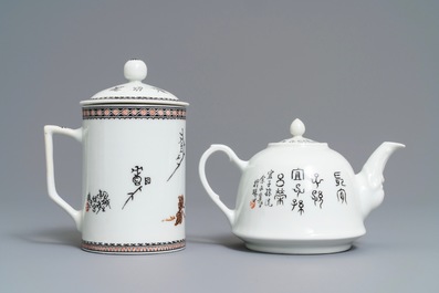 A Chinese polychrome 'winter landscape' teapot and a covered mug, 20th C.