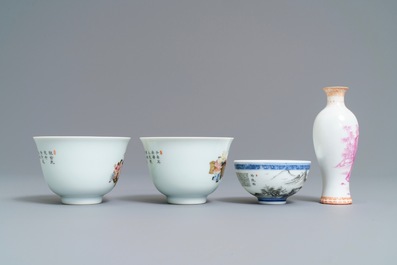 Four Chinese famille rose and grisaille eggshell wares, 20th C.