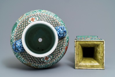 A square Chinese famille verte 'warriors' vase and a wucai 'mythical beasts' vase, 19th C.