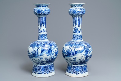 A pair of tall Dutch Delft blue and white chinoiserie vases, late 17th C.