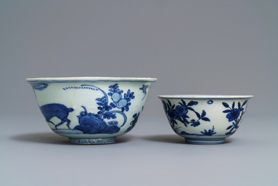 Two Chinese blue and white bowls with animals among flowers, Jiajing