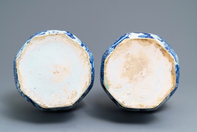 A pair of tall Dutch Delft blue and white chinoiserie vases, late 17th C.