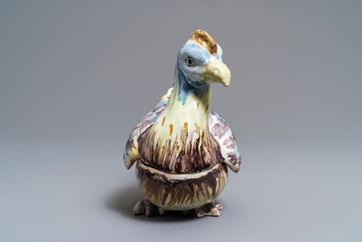 A polychrome French faience rooster tureen and cover, Saint-Amand-les-Eaux, 18th C.