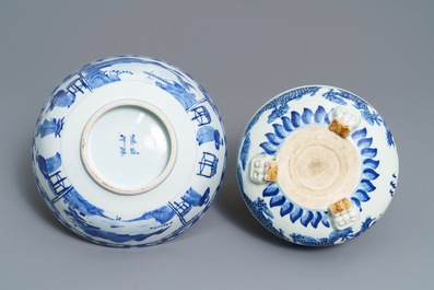 A Chinese blue and white bowl and a 'dragon' incense burner, 19th C.