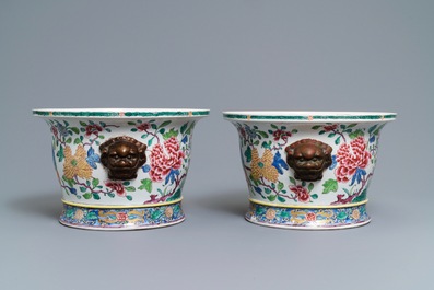 A pair of famille rose-style jardini&egrave;res with birds among flowers, Samson, Paris, 19th C.