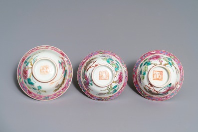 Trois bols en porcelaine de Chine famille rose pour le march&eacute; Peranakan ou Straits, 19&egrave;me