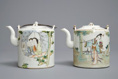 Trois th&eacute;i&egrave;res et un plat ovale en porcelaine de Chine qianjiang cai, 19/20&egrave;me