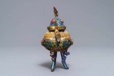 A Chinese jade-inlaid gilt and enamelled silver incense burner and cover, Republic, 20th C.