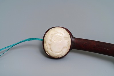 A Chinese jade-embellished wood scepter in display box, Republic, 20th C.