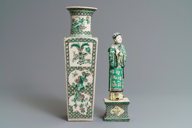 A Chinese verte biscuit figure on stand and a square vase, Kangxi and later