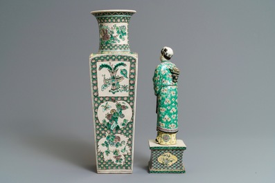 A Chinese verte biscuit figure on stand and a square vase, Kangxi and later