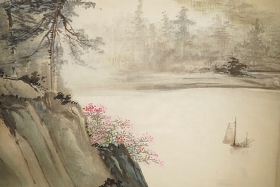 Quatre peintures rouleaux sur papier formant un paysage, Chine, 20&egrave;me