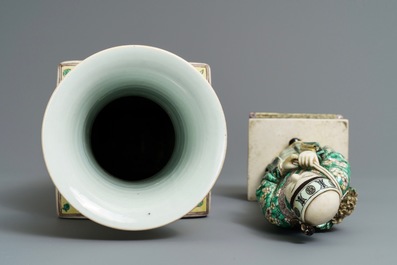 A Chinese verte biscuit figure on stand and a square vase, Kangxi and later