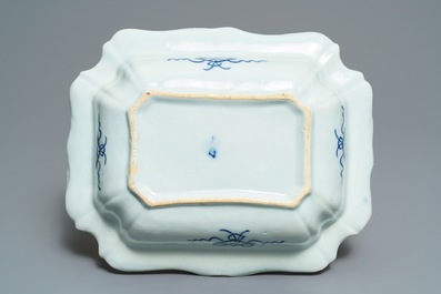 A rectangular Dutch Delft blue and white salad bowl with a peacock, 18th C.