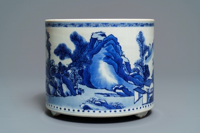 A large Chinese blue and white tripod censer with figures in a landscape, Kangxi