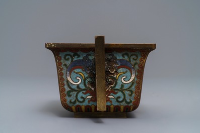 A square two-handled Chinese cloisonn&eacute; censer, Qianlong mark and of the period