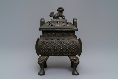 A large Chinese bronze incense burner and cover, Ming