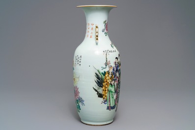 A Chinese famille rose two-sided design vase, 19/20th C.