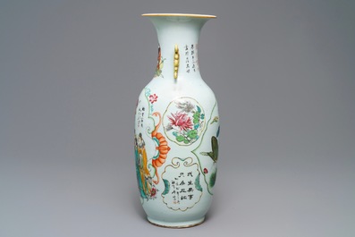 A Chinese famille rose two-sided design vase, 19/20th C.