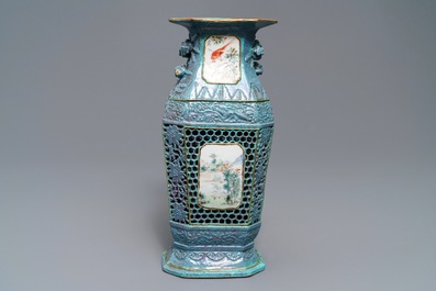 A Chinese reticulated robin's egg-ground qianjiang cai vase, 19th C.