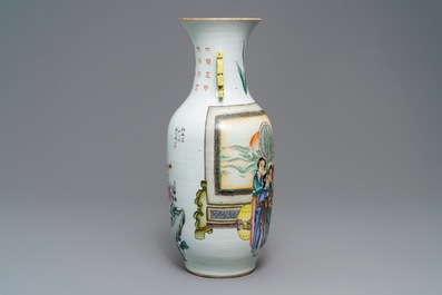 A Chinese famille rose two-sided design vase, 19/20th C.